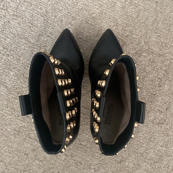 Michael Kors Bryn Gold Studded Buckle Leather Platform Stiletto Heeled Boots 7 - Picture 8 of 11